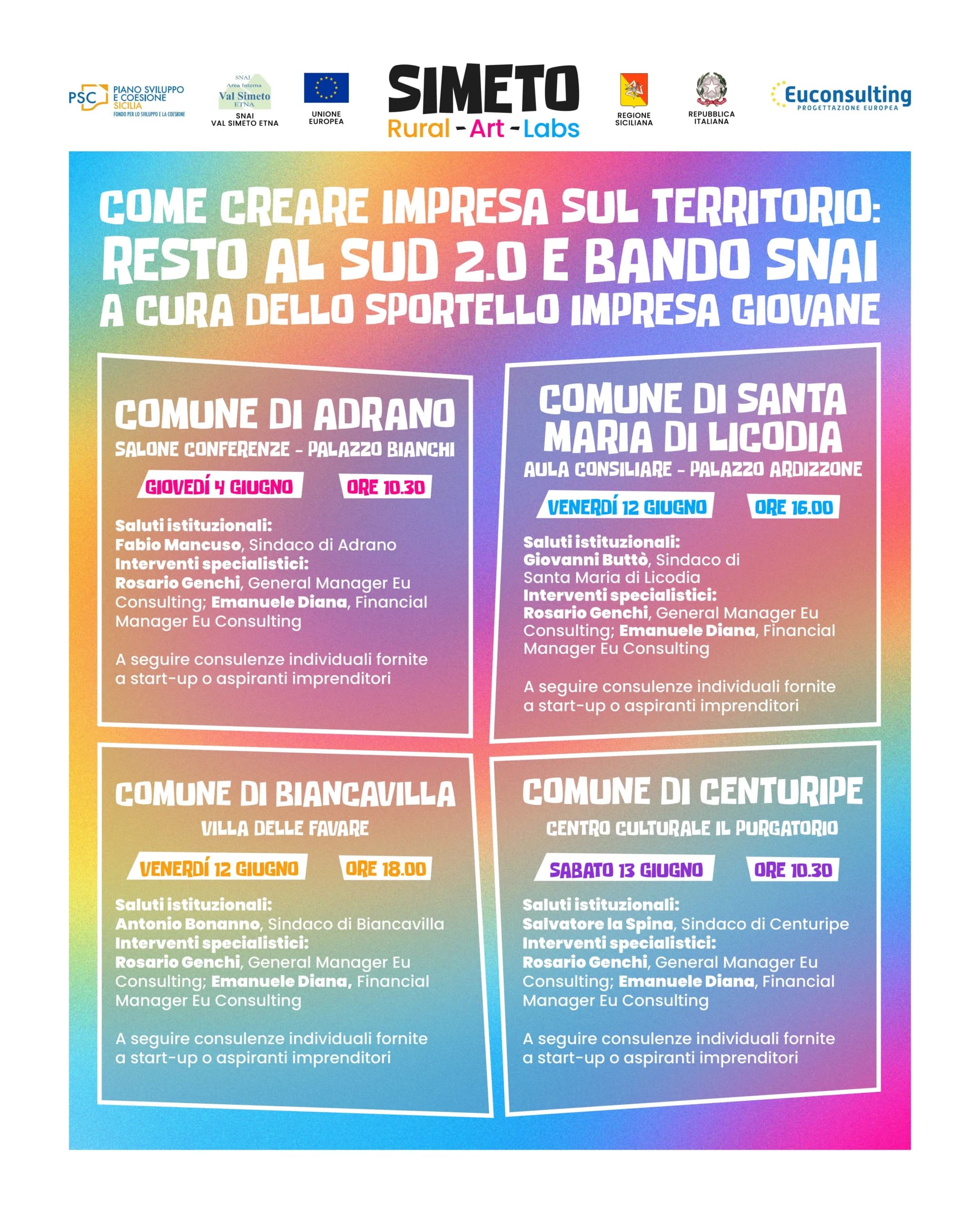 Al via il ciclo di incontri “Come creare impresa sul territorio: Resto al Sud 2.0 e Bando SNAI”